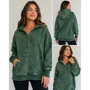 Sewn + Seen Green Acid Wash Henley Hoodie Cotton Pullover Thumbholes SNS1598 M